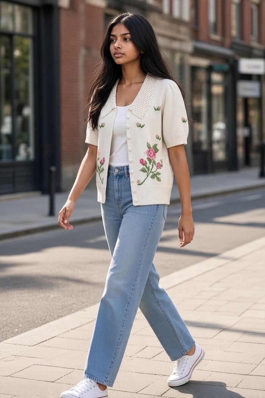 Vintage White Knit Blouse | Floral Short Sleeve Top | Cottagecore Style | Size S